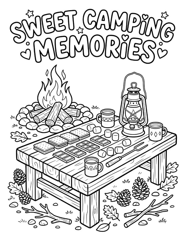 Sweet Camping Memories coloring page featuring s'mores ingredients, mugs, lantern, and campfire.
