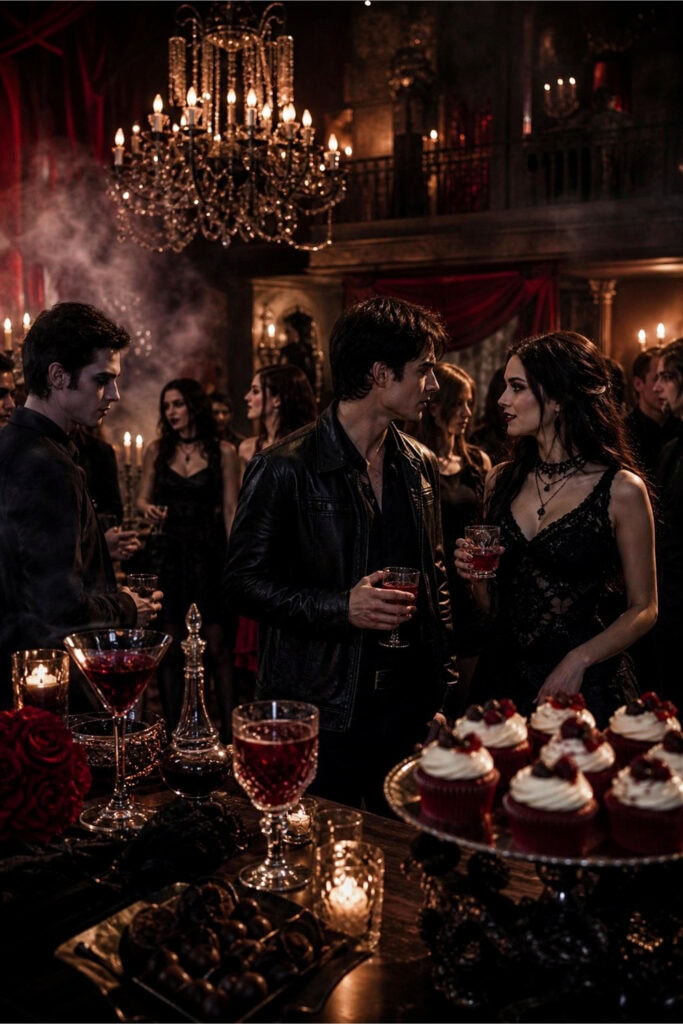 A group of people dressed in vampire-themed costumes enjoying a stylish indoor party with dark red and black decorations, candlelight, and themed drinks and snacks.