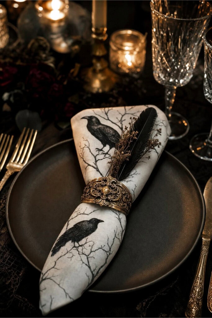 Close-up of an elegant place setting at a vampire-themed dinner party. A white cloth napkin decorated with crows on bare tree branches rests on a dark ceramic plate, secured with a vintage gold napkin ring. A small black feather and dried herb sprig are tucked into the fold. 