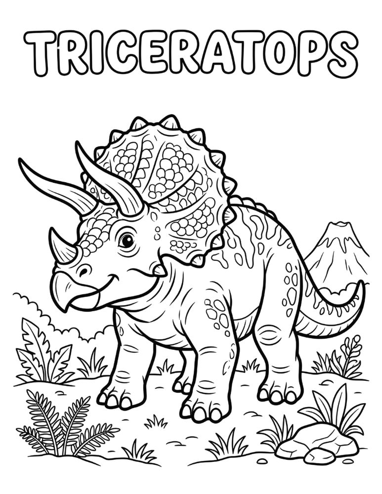 Triceratops coloring page with the name TRICERATOPS in bubble letters.