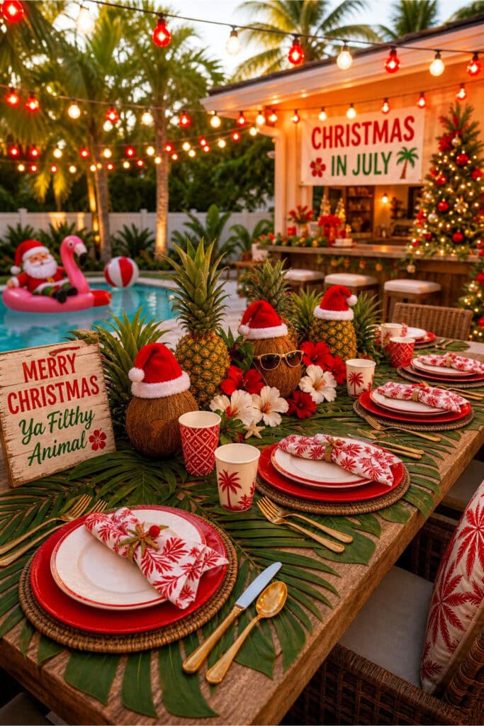 A tropical outdoor party setup with palm leaves, red and white Christmas decorations, and festive tableware under bright sunlight.