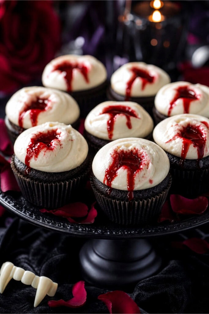 Cupcakes with pale frosting and red filling that looks like vampire bites, arranged on a dark platter with rose petals and fangs around them.