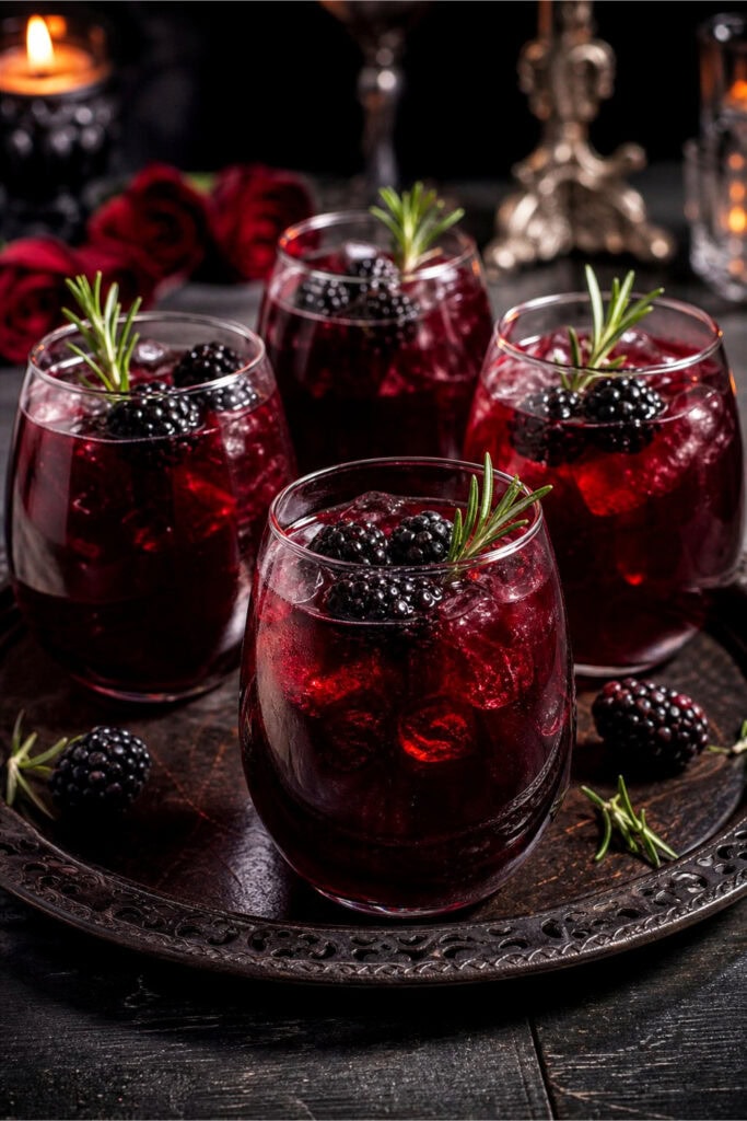 Several stemless glasses filled with deep red mocktails garnished with blackberries and rosemary on a dark wooden table.