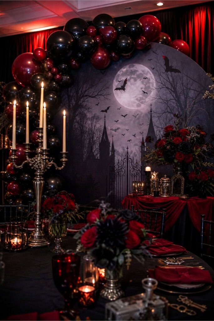 An indoor party setup with dark red and black balloons, a gothic-inspired photo backdrop, candlelit decorations, and dark floral arrangements.