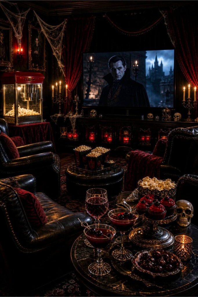A cozy room with dark red curtains, leather chairs, candles, and Halloween decorations arranged for a vampire movie night party.
