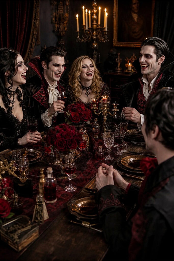 A group of adults in vampire costumes sitting around a decorated dining table, enjoying a murder mystery dinner game.