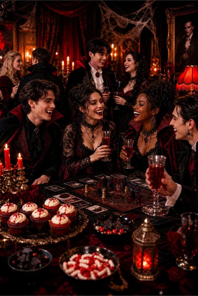 A group of people in vampire costumes enjoying a decorated party room with themed snacks and a trivia game setup.