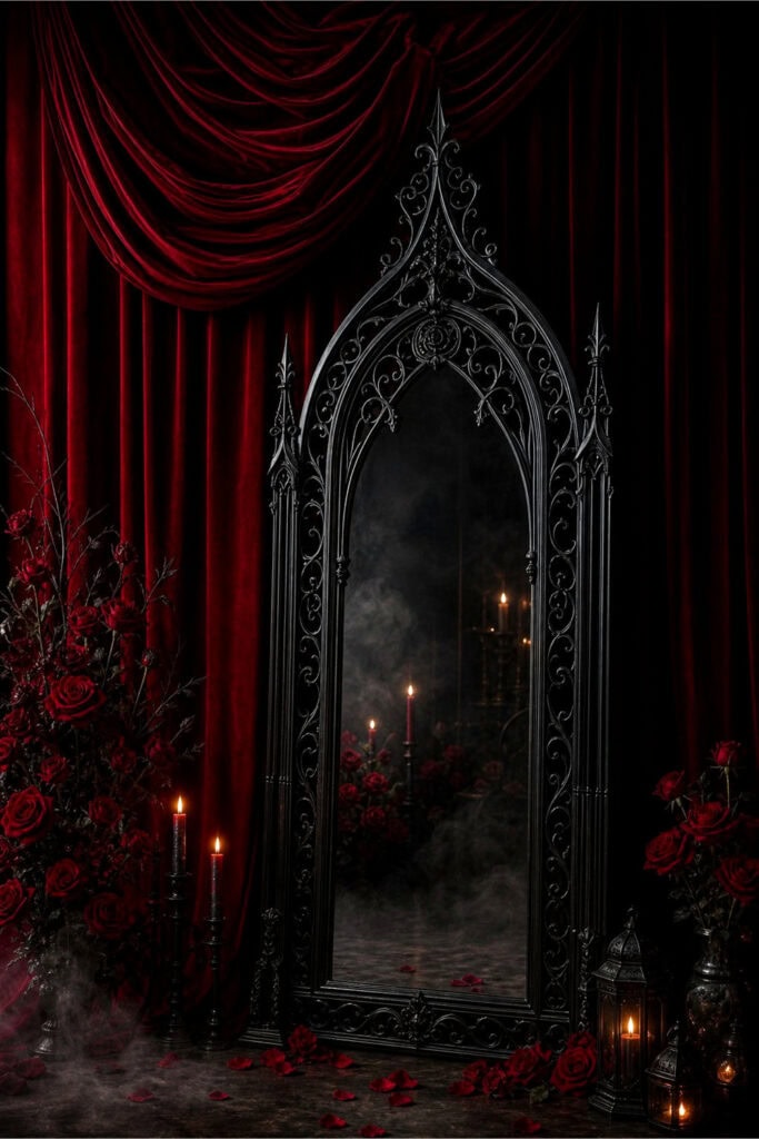 A deep red velvet drape hanging behind a large ornate black gothic mirror with decorative frame, illuminated by soft candlelight.
