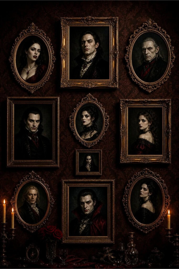 A gallery wall displaying framed vintage portraits of vampire-themed figures in antique frames against a dark wall.
