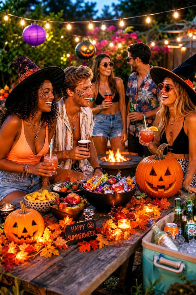 A group of friends enjoying an outdoor summer party with Halloween decorations, pumpkins, and string lights at dusk.