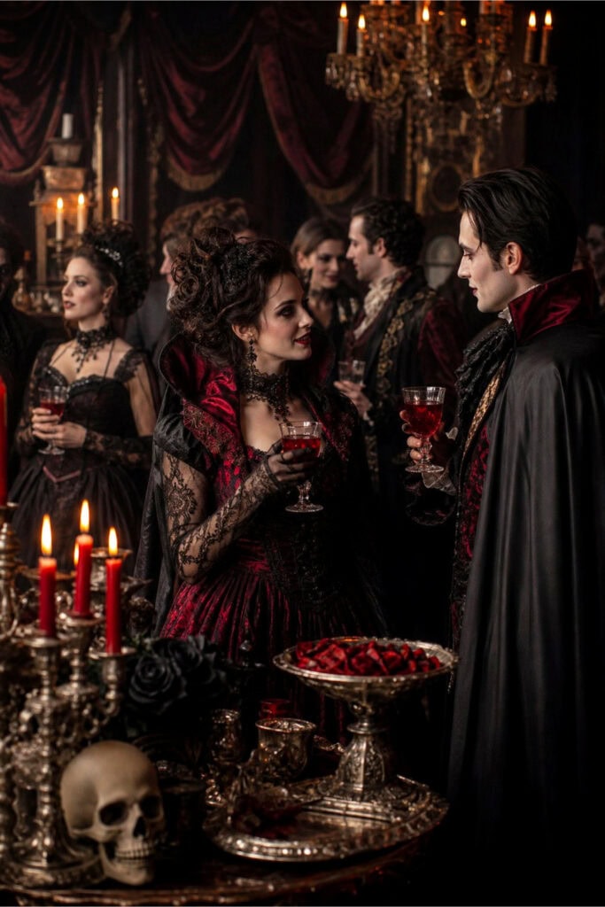 A group of people dressed as vampires in elegant costumes at a dimly lit, gothic-style party with candles and dark decorations.