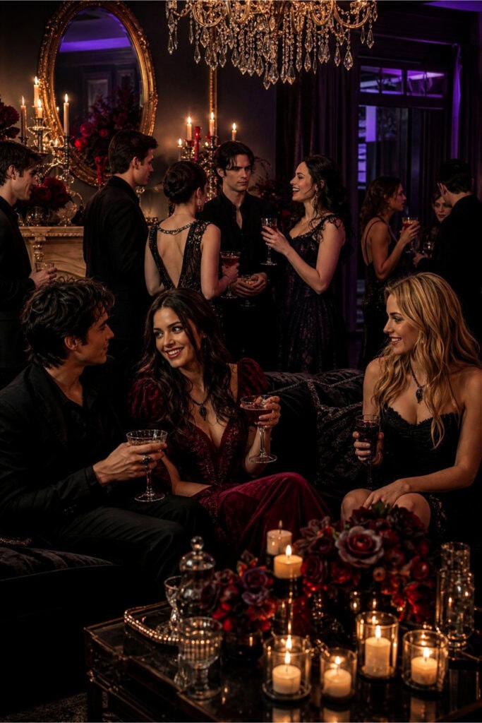 A group of young adults dressed in gothic-style clothing enjoying a vampire-themed party in a dimly lit room with candles and elegant decorations.