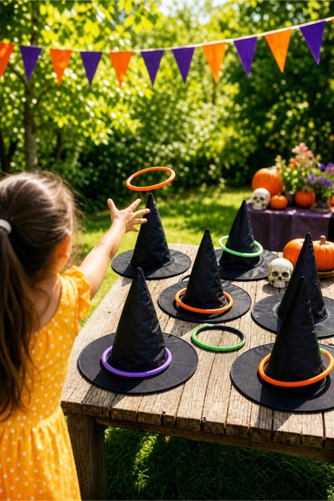 Outdoor summer party game setup with black witch hats arranged for ring toss on a wooden table surrounded by festive decorations.