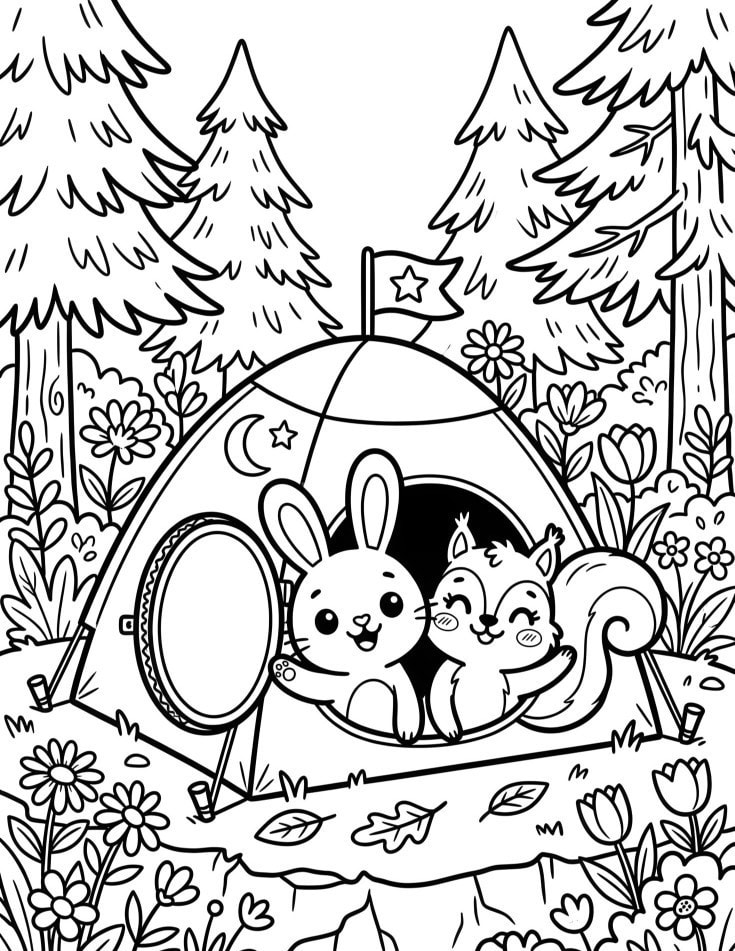 Woodland friends coloring page with a bunny and squirrel peeking out of a cozy camping tent.