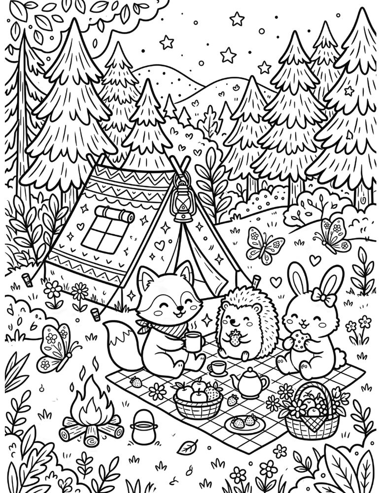 Woodland picnic camping coloring page featuring a fox, bunny, and hedgehog enjoying a campsite picnic.