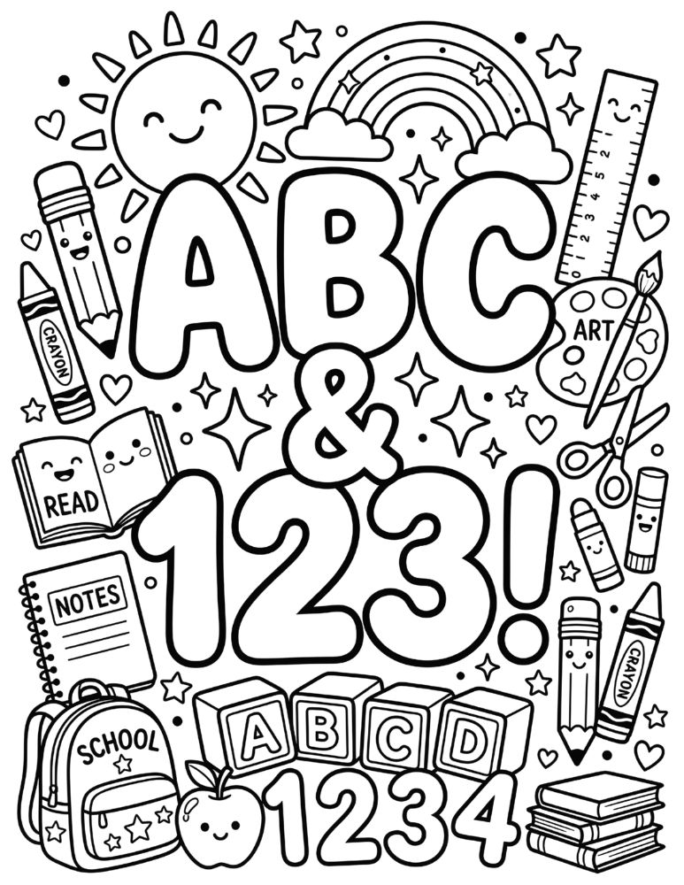 ABC and 123 coloring page with alphabet blocks, numbers, smiling school supplies, rainbow, and books.