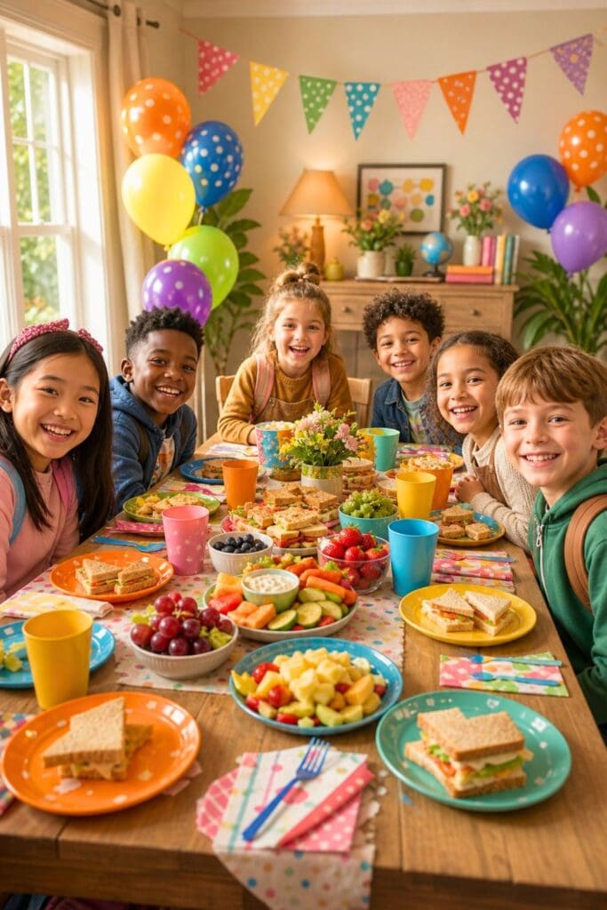 Family gathered around a dining table enjoying an after-school surprise dinner with festive decorations in the background.