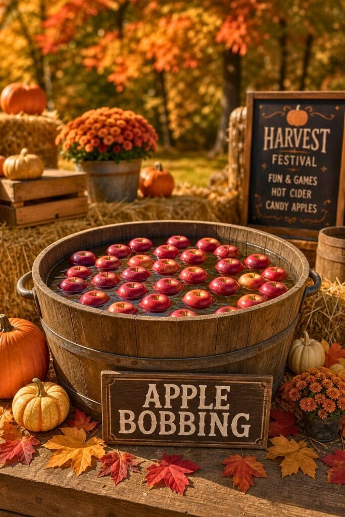 A wooden tub filled with water and floating apples surrounded by pumpkins, fall leaves, and hay bales outdoors during autumn.