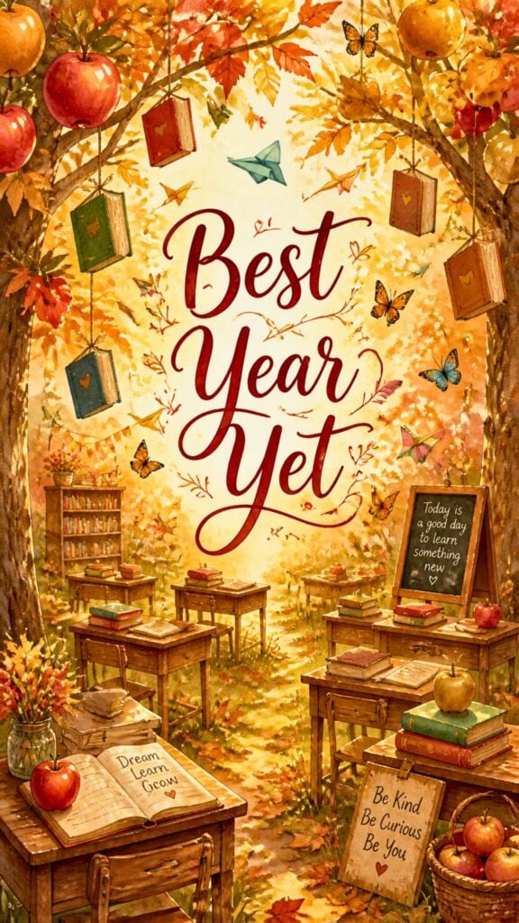 Cozy outdoor classroom in an apple orchard with books, autumn leaves, and Best Year Yet lettering.