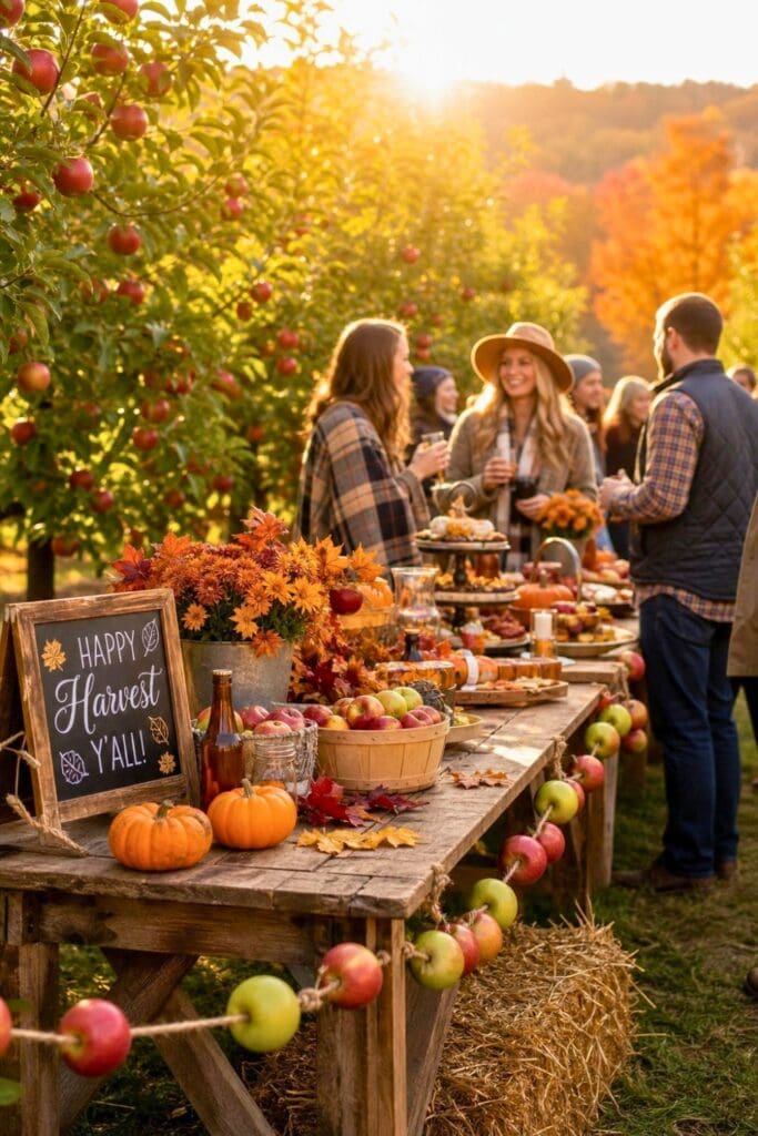 Outdoor fall harvest party in an apple orchard with tables decorated with apple garlands and autumn decorations, surrounded by apple trees and fall foliage.