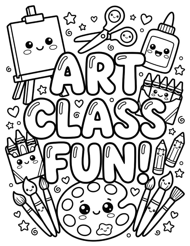 Art Class Fun coloring page with bubble letters, paint palette, paintbrushes, crayons, colored pencils, easel, and hearts.