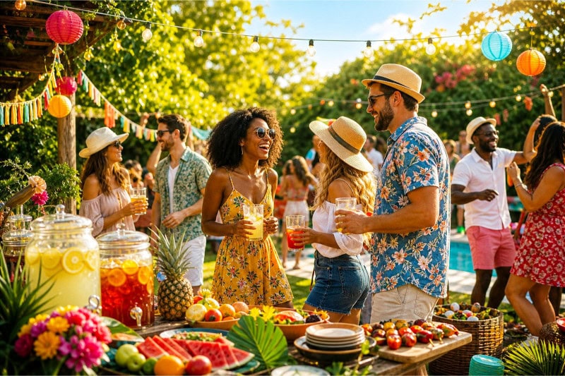 People enjoying a lively outdoor summer party with colorful decorations, food, and drinks in a sunny garden setting.