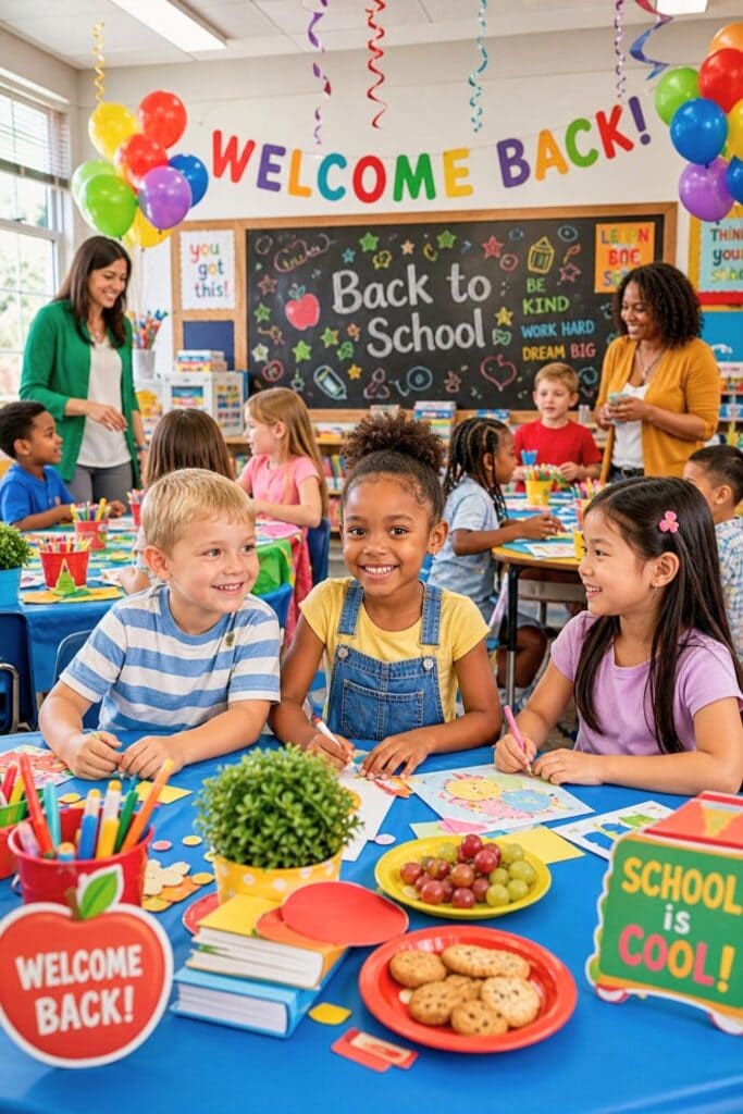 Children and teenagers enjoying a colorful back to school party in a decorated classroom with balloons, snacks, and games.