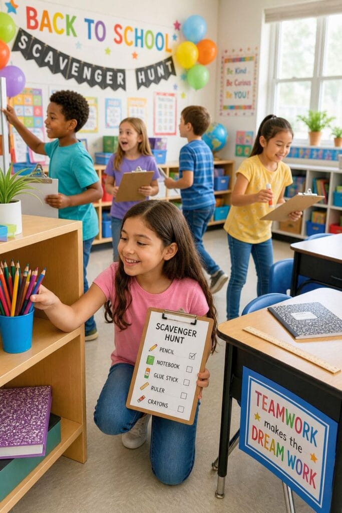 Children classroom searching for hidden school supplies during a back-to-school scavenger hunt.