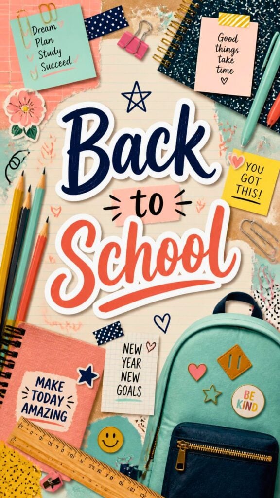 Modern scrapbook style wallpaper with school supplies, backpack, notebooks, and Back to School lettering.
