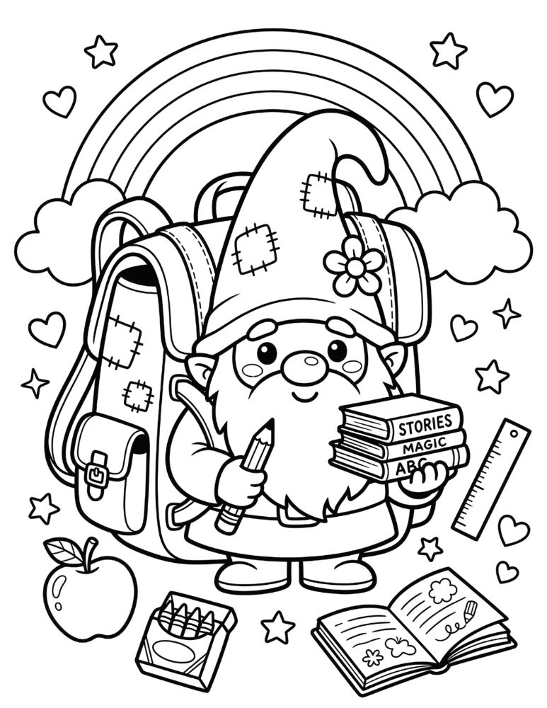 Back to School gnome coloring page with a cute gnome wearing a backpack, holding books and a pencil, surrounded by school supplies, stars, and a rainbow.