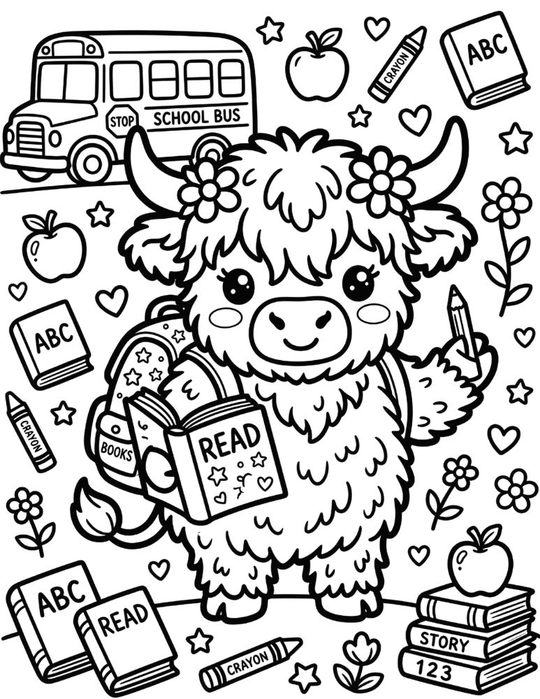 Back to School Highland cow coloring page with a fluffy cow wearing a backpack, holding a book and pencil, surrounded by apples, books, stars, and a school bus.