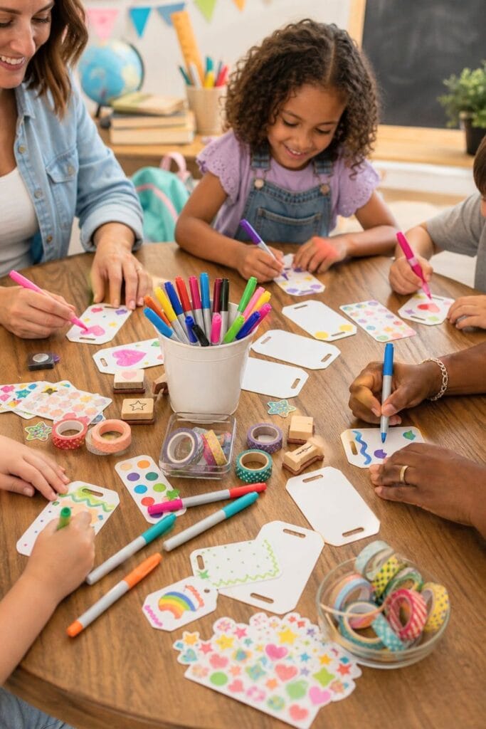 A table with blank backpack tags, colorful markers, and decorations being used by children and adults to personalize the tags.