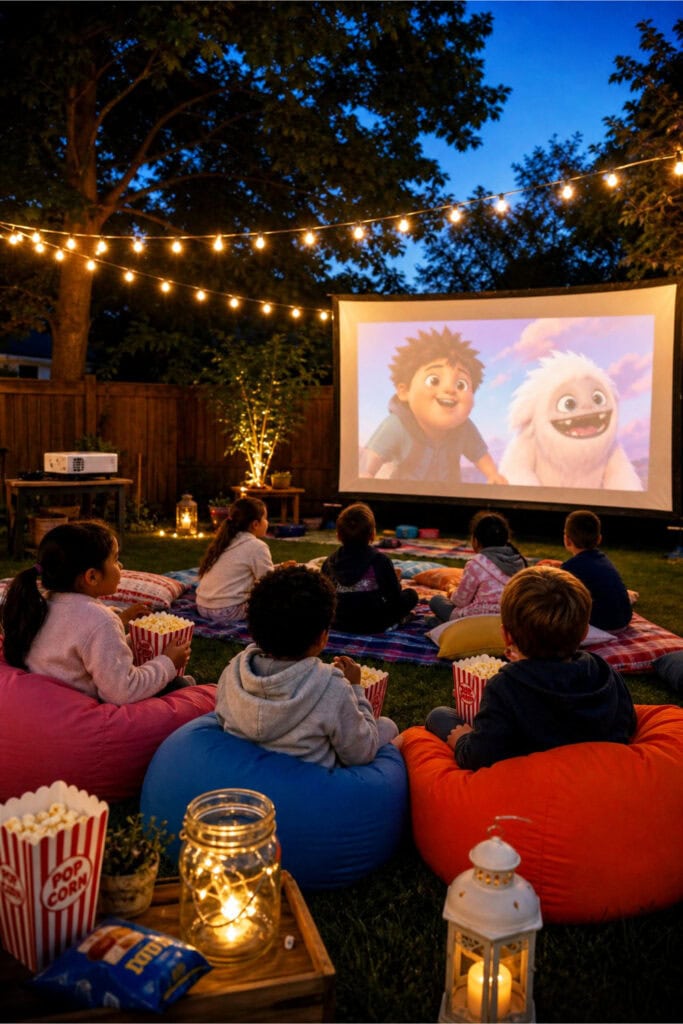 Children sitting on blankets in a backyard watching a movie on a large screen with string lights overhead at dusk.