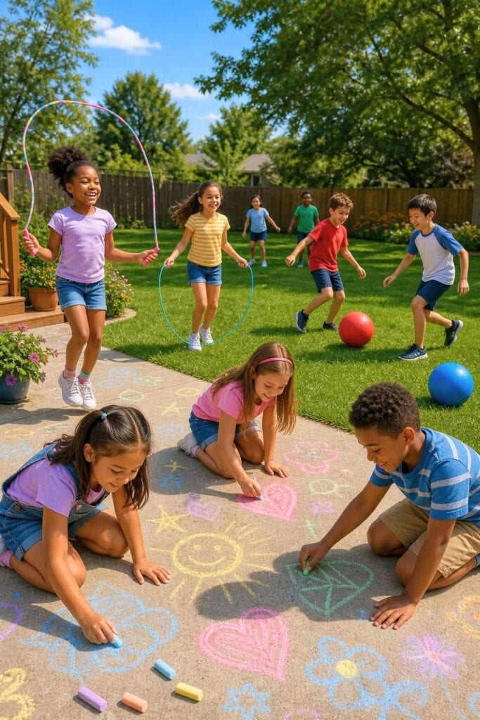 Children playing jump rope, drawing with sidewalk chalk, and kicking balls in a backyard.