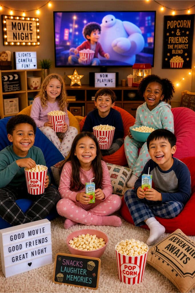 Children sitting on bean bags watching a movie together with popcorn and decorations around them.
