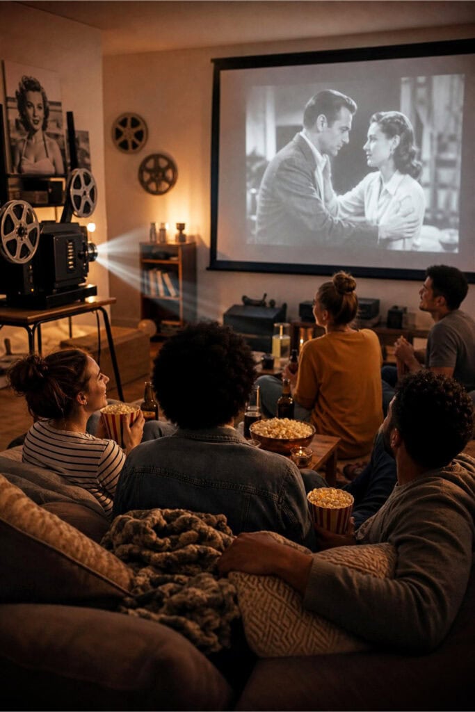 A group of people watching a black-and-white movie projected on a wall in a cozy room with popcorn and drinks.