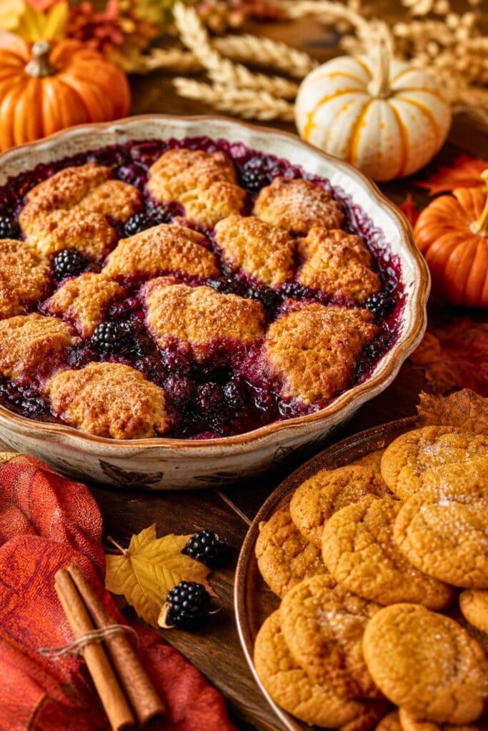 A dessert spread with blackberry cobbler and pumpkin cookies on a wooden table decorated with fall leaves and small pumpkins.