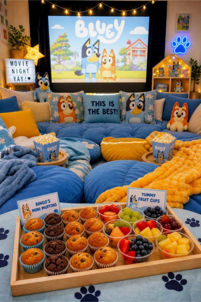 A cozy children's movie night setup with cushions, mini muffins, and fruit cups arranged on a tray.