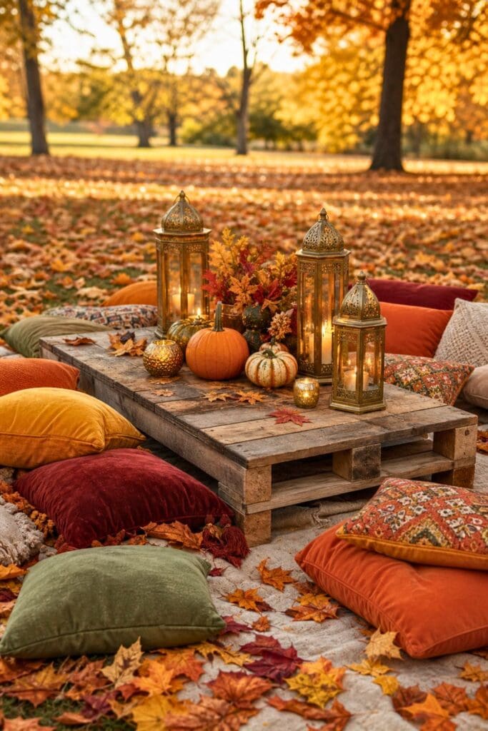 An outdoor fall picnic setup with a wooden pallet, colorful floor cushions, brass lanterns, pumpkins, and autumn leaves on the ground.