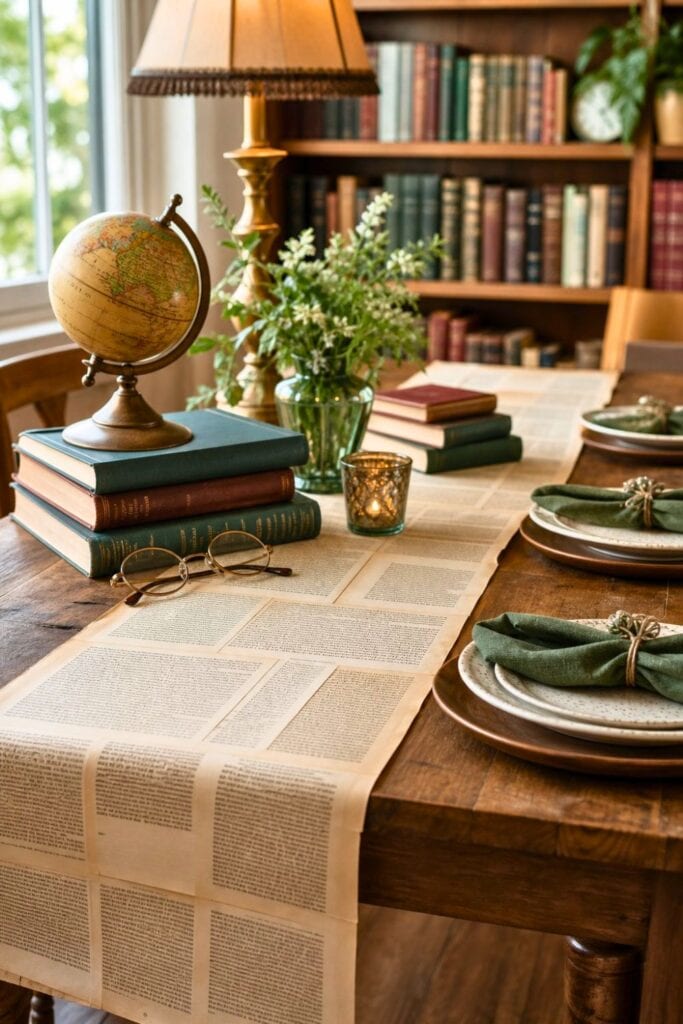 A wooden table set with a book page table runner, surrounded by stacks of books, reading glasses, a small globe, and warm lighting in a room with bookshelves.
