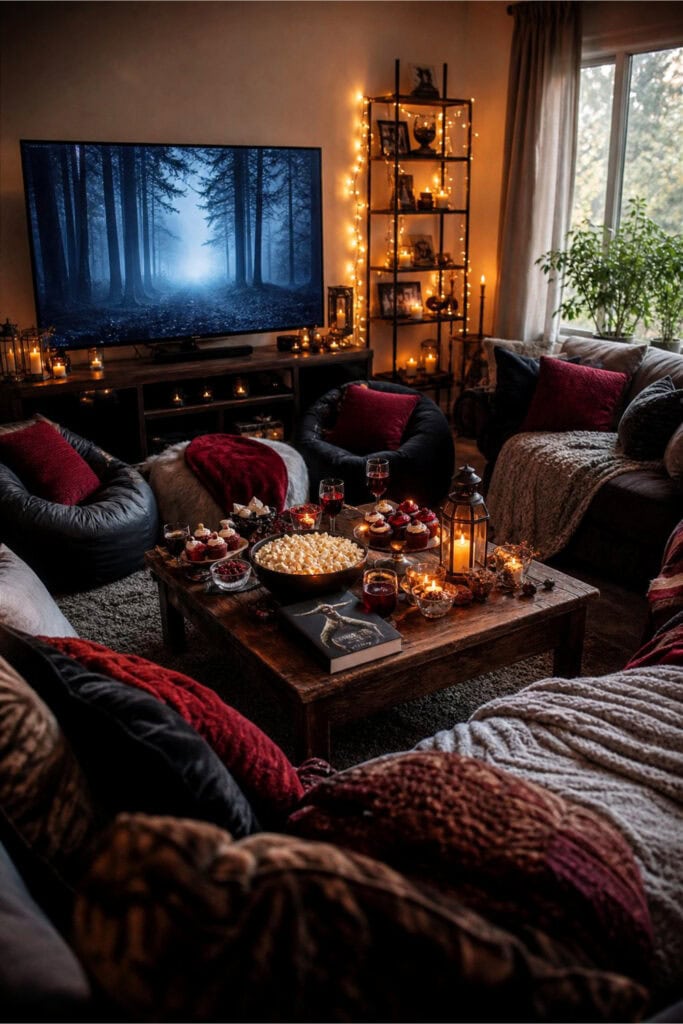 A living room arranged for a Twilight Saga movie night with cozy seating, themed snacks, and soft lighting.