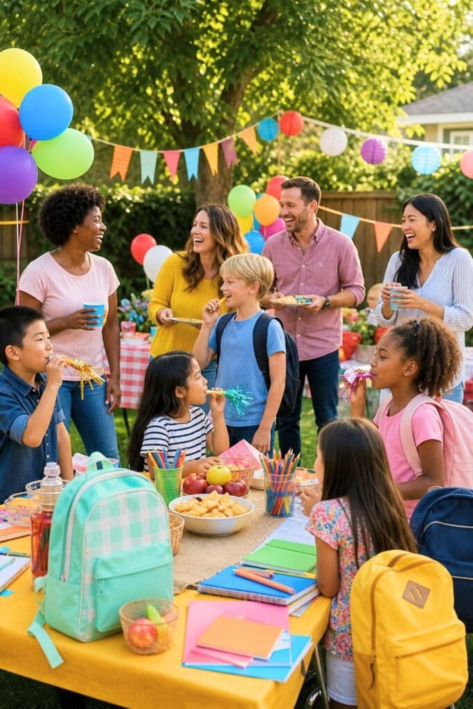A table with colorful school supplies, party decorations, and planners arranged for a back to school celebration.