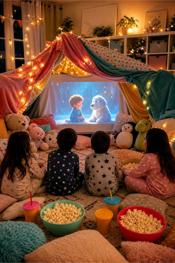 Children in pajamas sitting inside a blanket fort decorated with pillows and stuffed animals, watching a movie together in a cozy living room.