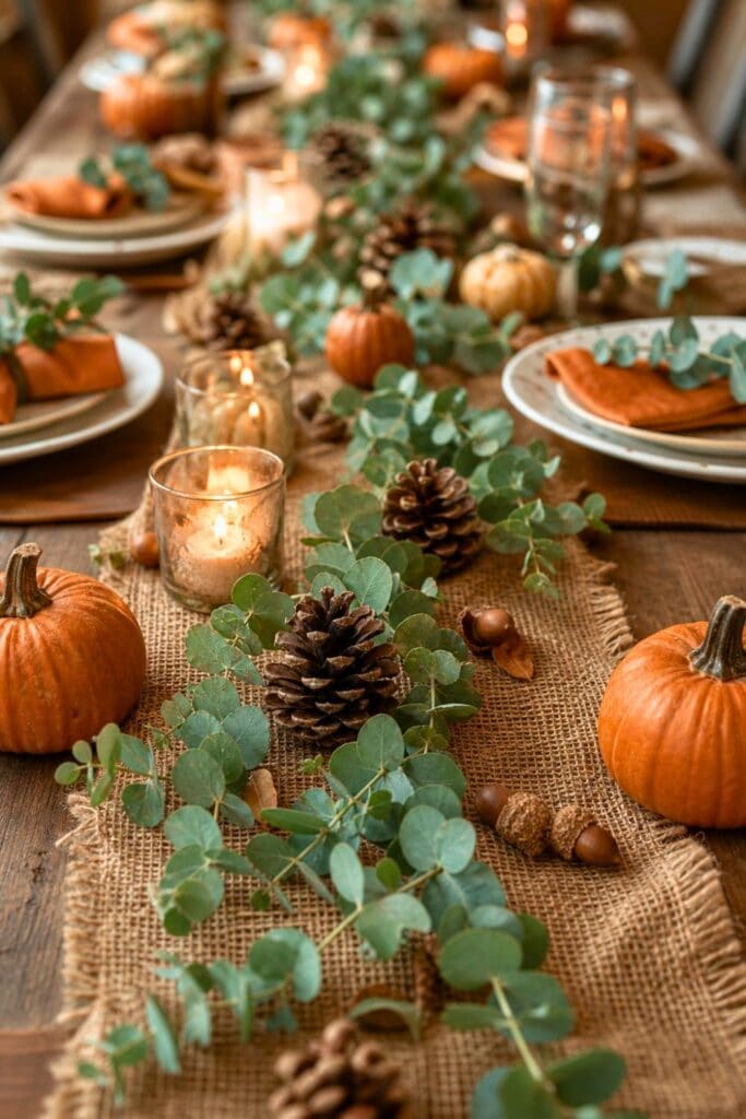 A burlap table runner decorated with pinecones and eucalyptus on a fall-themed table setting.
