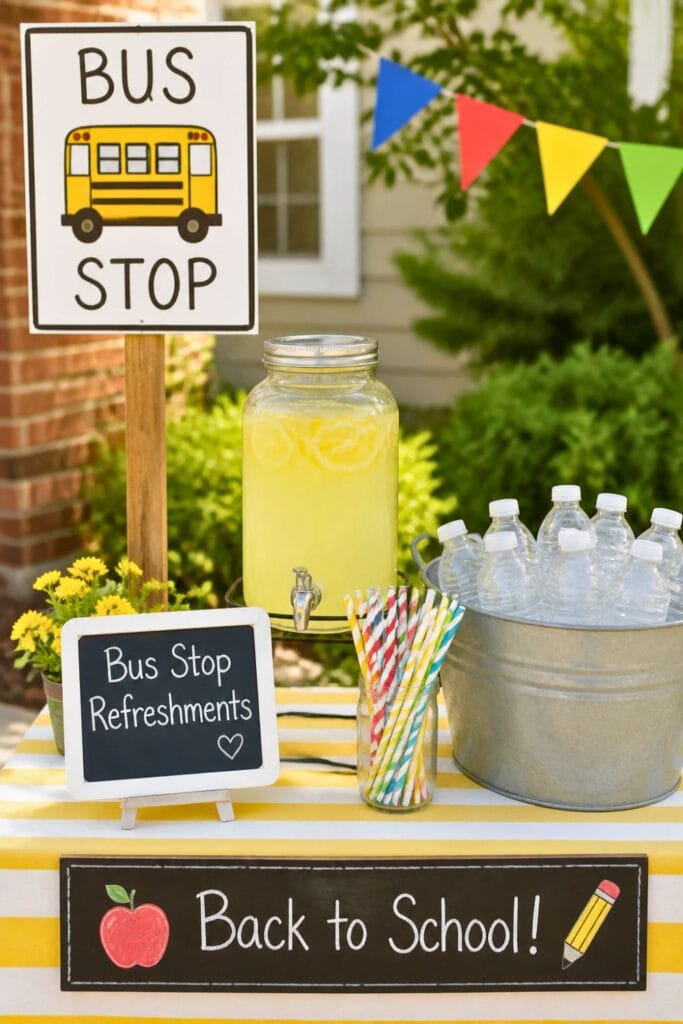 a table set up as a "bus stop" themed drink station with a handmade bus stop sign on a wooden stake, a glass beverage dispenser with lemonade, a bucket of ice with water bottles (no brand), and some striped paper straws. A handwritten sign with text "Bus Stop Refreshments" for a playful touch. Back to school party aesthetic