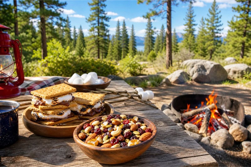 A picnic table in a forest clearing with s'mores, trail mix, and a campfire surrounded by tall trees on a sunny day.