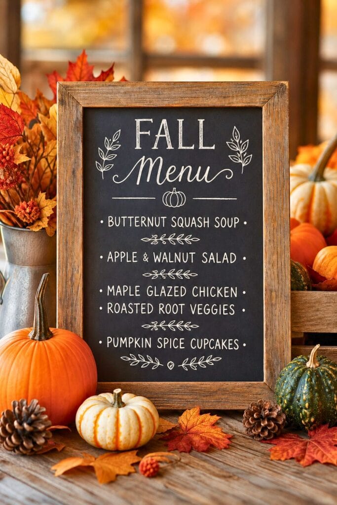 A rustic wood-framed chalkboard sign surrounded by fall decorations like pumpkins, pine cones, and dried leaves on a wooden table.