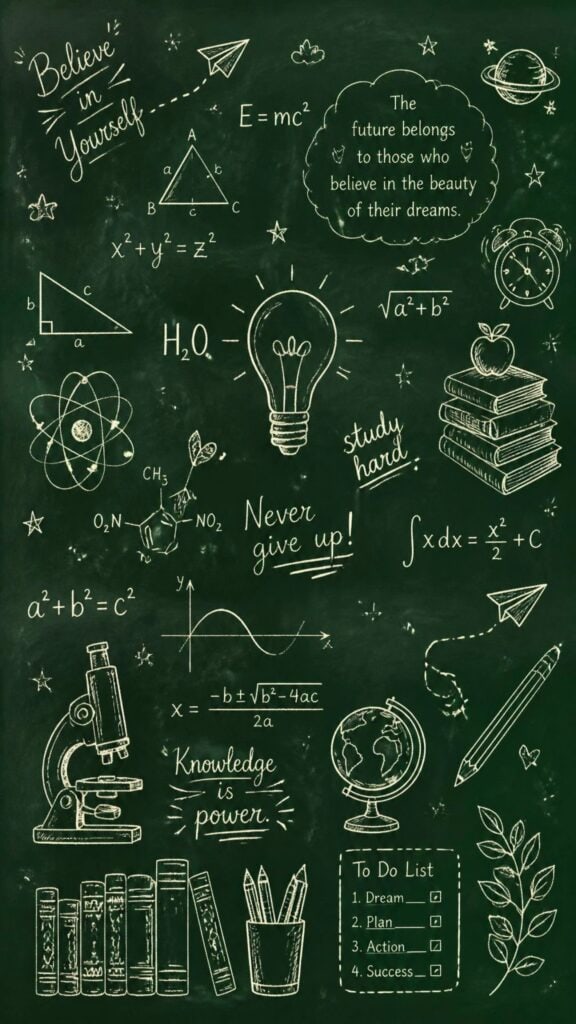 Green chalkboard wallpaper with educational doodles, math equations, science symbols, and classroom illustrations.