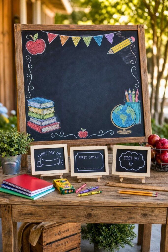 A chalkboard welcome table decorated with school supplies and photo frames for a back-to-school party.