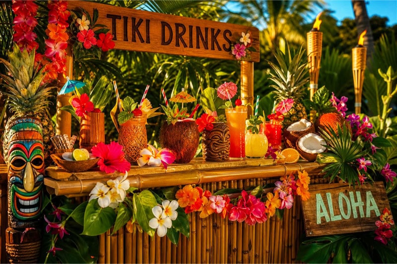 An outdoor tiki drink station decorated with tropical flowers, exotic fruits, and colorful cocktails surrounded by tiki torches and palm leaves.